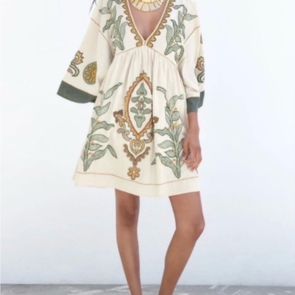 Zara Cream and Green Sundress with Plunge Neckline